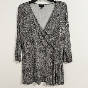 J. Jill Babydoll Blouse Size L Gray Floral Business 3/4 Sleeve Boho Fairy Top